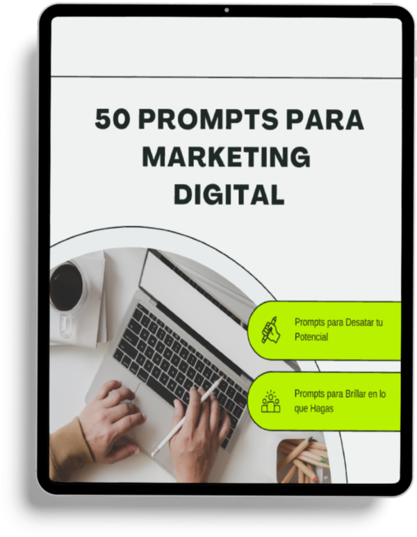 Tablet con la pantalla mostrando el título “Prompts de ChatGPT para marketing digital”, sobre un fondo moderno con iconos de redes sociales, gráficos y elementos tecnológicos.