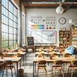 Ilustración colorida de un profesor en un aula escribiendo en una pizarra, rodeado de libros y estudiantes, con texto que dice 'Prompts para profesores: ideas creativas para clases dinámicas'.