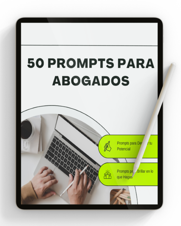 Portada de una tablet que muestra el título “Prompts para abogados” en pantalla, con un fondo sobrio que sugiere el entorno legal o jurídico.