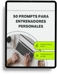 Portada de una tablet que muestra el título “Prompts para entrenadores personales” en pantalla, sobre un fondo relacionado con el fitness o el entrenamiento físico.