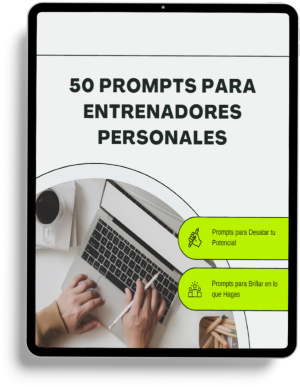Portada de una tablet que muestra el título “Prompts para entrenadores personales” en pantalla, sobre un fondo relacionado con el fitness o el entrenamiento físico.
