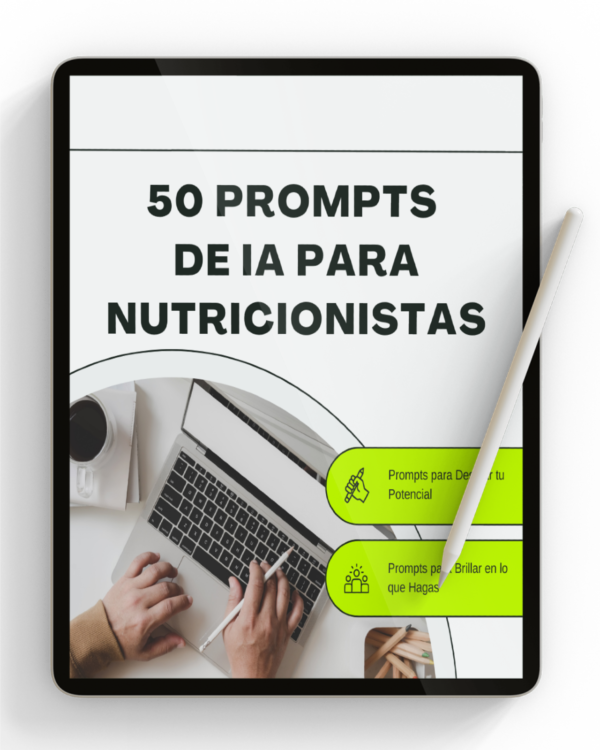Tablet con el título “Prompts para nutricionistas” en pantalla, sobre un fondo relacionado con la nutrición como frutas, verduras, platos saludables o utensilios de cocina.