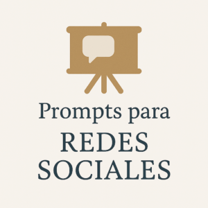Imagen en la página de inicio con un icono representativo de redes sociales junto al texto “Prompts para redes sociales”, sobre un fondo moderno y visualmente atractivo.