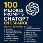 Imagen de portada colorida para el artículo '100 Mejores Prompts ChatGPT en Español – Guía Completa', con elementos gráficos tecnológicos, iconos de IA y texto destacado en amarillo sobre fondo azul y púrpura