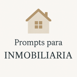 Imagen en la página de inicio con un icono de casa o llave, junto al texto “Prompts de inmobiliaria”, sobre un fondo relacionado con bienes raíces como edificios o planos.
