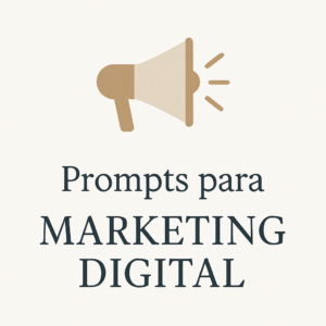 Imagen en la página de inicio con un icono de megáfono, gráfico de crecimiento o red social, junto al texto “Prompts de marketing digital”, sobre un fondo moderno y tecnológico.