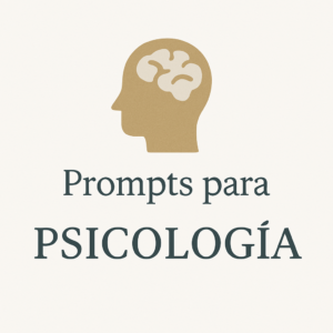 Imagen en la página de inicio con un icono de cerebro, corazón o diálogo, junto al texto “Prompts de psicología”, sobre un fondo tranquilo y profesional que evoca bienestar mental.