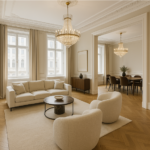 Sala de estar de un piso de lujo con diseño de interiores elegante: molduras clásicas, suelo de madera en espiga, sofá en L de tonos claros, mesa de centro de mármol oscuro y luz natural entrando por ventanales altos con cortinas gruesas beige
