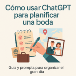 Ilustración sobre cómo usar ChatGPT para planificar una boda con checklist, pareja y elementos de viaje
