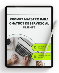 Tablet en posición vertical mostrando el texto “Prompt Maestro para Chatbot de Servicio al Cliente” sobre fondo digital, ideal como portada de producto IA.