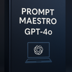 Libro de tapa dura azul oscuro titulado ‘Prompt Maestro GPT-4o’, con ícono de portátil y logotipo de IA, sobre fondo degradado azul-negro.