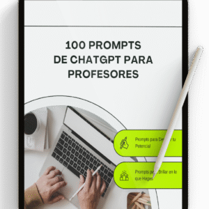 Imagen de una tablet mostrando la portada del ebook "100 Prompts de ChatGPT para Profesores", un recurso educativo en PDF para aplicar inteligencia artificial en el aula.