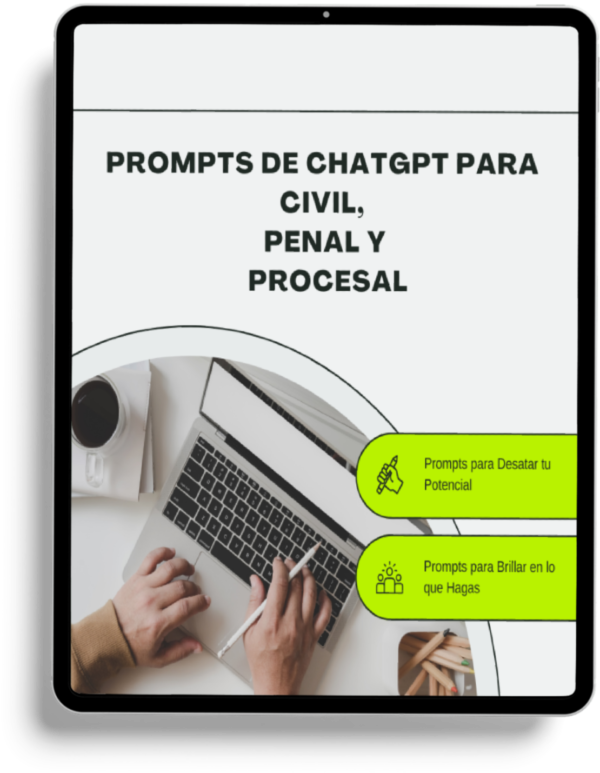 Tablet mostrando el título “Prompts de ChatGPT para Abogados: Civil, Penal y Procesal” sobre fondo profesional, ideal para juristas y estudiantes de derecho.