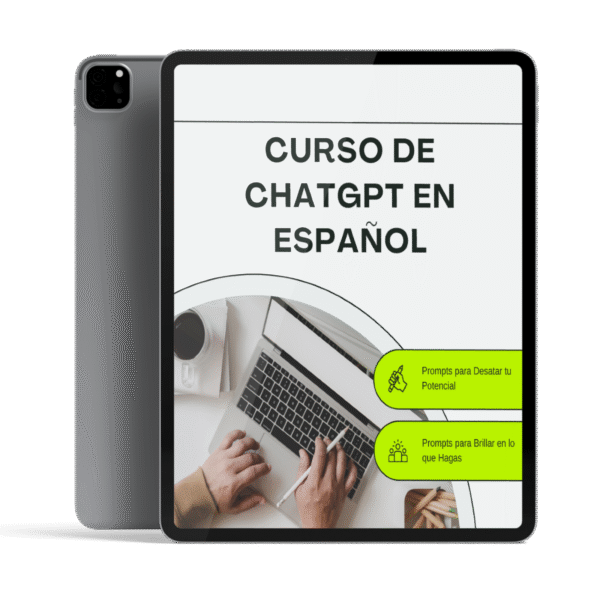 Tablet mostrando la portada del curso de ChatGPT en español, un ebook en PDF con guía completa sobre inteligencia artificial generativa.