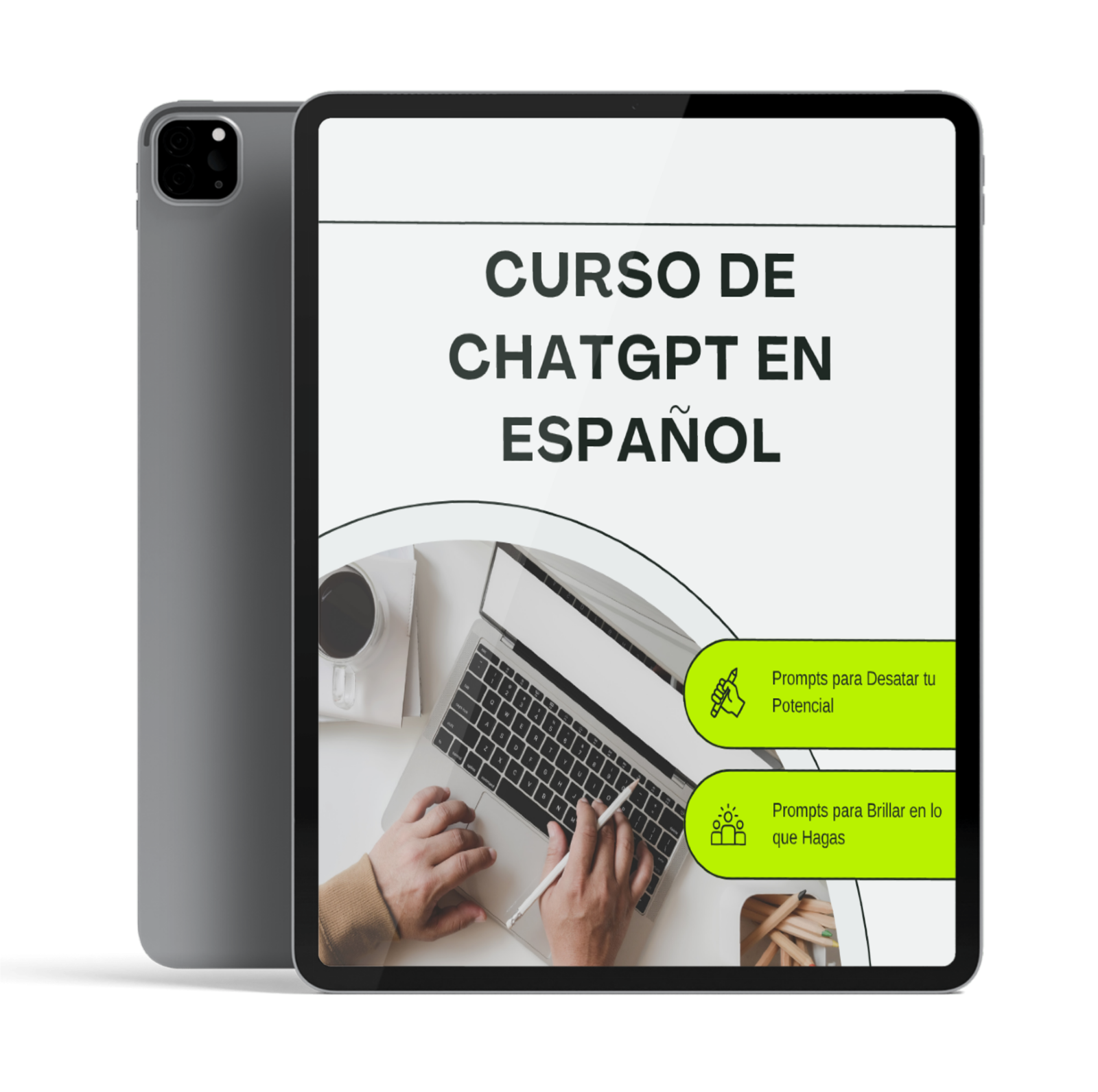 Tablet con la portada del Curso de ChatGPT en español en formato PDF