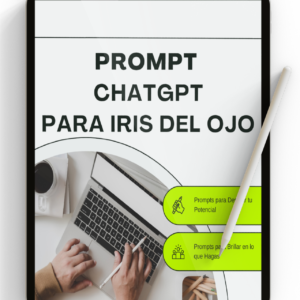 Persona sosteniendo una tablet que muestra el título “Prompt ChatGPT para Iris del Ojo” en pantalla, sobre un fondo oscuro artístico.