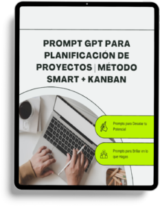 Imagen de una tablet mostrando el título "Planificador de Proyectos con IA (GPT) | Crea Planes SMART Paso a Paso", destacando una herramienta de productividad basada en inteligencia artificial.