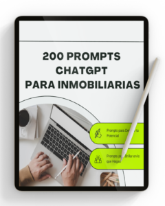 Portada del eBook “200 Prompts para Inmobiliarias”, con fondo cálido de oficina inmobiliaria moderna y título en letras claras sobre ambiente profesional.