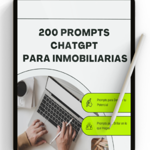 Portada del eBook “200 Prompts para Inmobiliarias”, con fondo cálido de oficina inmobiliaria moderna y título en letras claras sobre ambiente profesional.