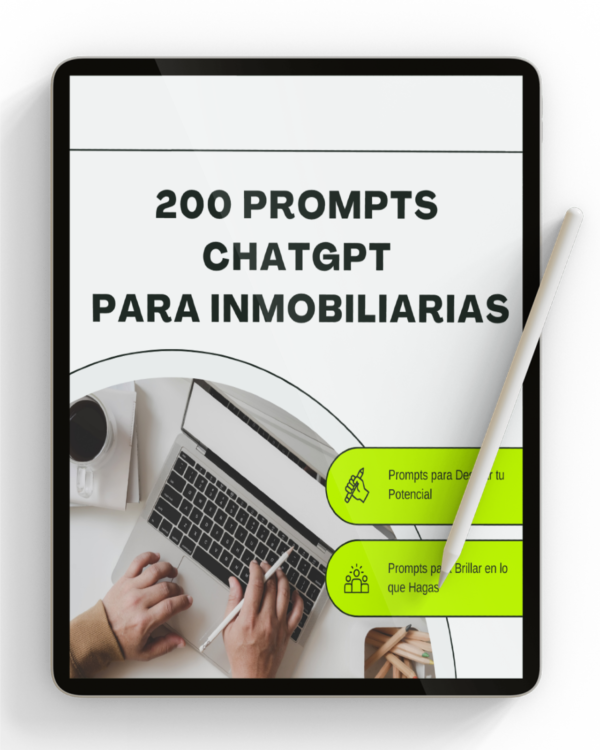 Portada del eBook “200 Prompts para Inmobiliarias”, con fondo cálido de oficina inmobiliaria moderna y título en letras claras sobre ambiente profesional.