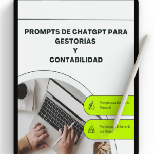Tablet mostrando la portada del recurso digital “Prompts de ChatGPT para Gestorías y Contabilidad”. Guía práctica de automatización contable con IA.