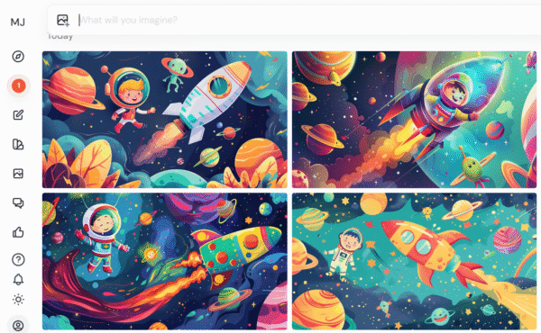 Niño flotando en el espacio junto a un cohete colorido, con planetas sonrientes y estética de libro infantil de ciencia ficción.