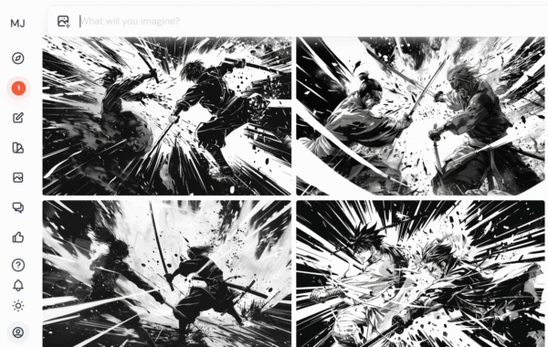 Imagen de portada del pack de prompts para manga, con collage de ilustraciones estilo cómic japonés en blanco y negro, centrado en escenas de acción, romance y fantasía, con el título “Midjourney Manga Prompts” en letras grandes.