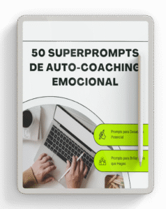 Imagen de portada del producto digital “50 superprompts de auto-coaching emocional con IA” en formato PDF, guía de desarrollo personal para usar con ChatGPT.