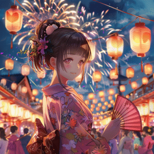 Ilustración estilo anime de una joven con kimono rosa y farolillos, generada con IA en un festival japonés.