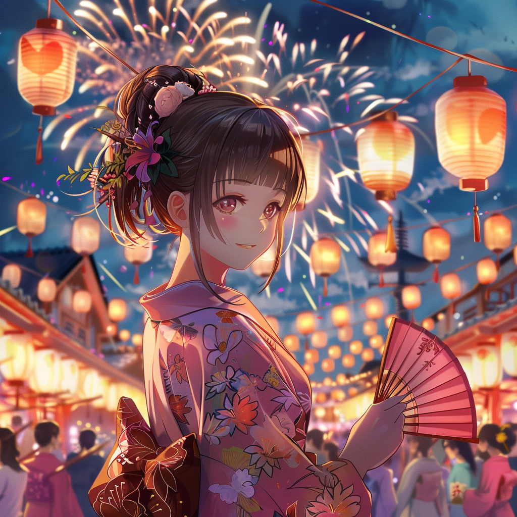 Ilustración estilo anime de una joven con kimono rosa y farolillos, generada con IA en un festival japonés.