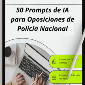 Portada del PDF “50 Prompts de IA para Oposiciones de Policía Nacional”, diseño profesional en azul marino con iconos de test, libro de leyes y escudo, destacando “Constitución, ortografía y supuestos prácticos con ChatGPT”.