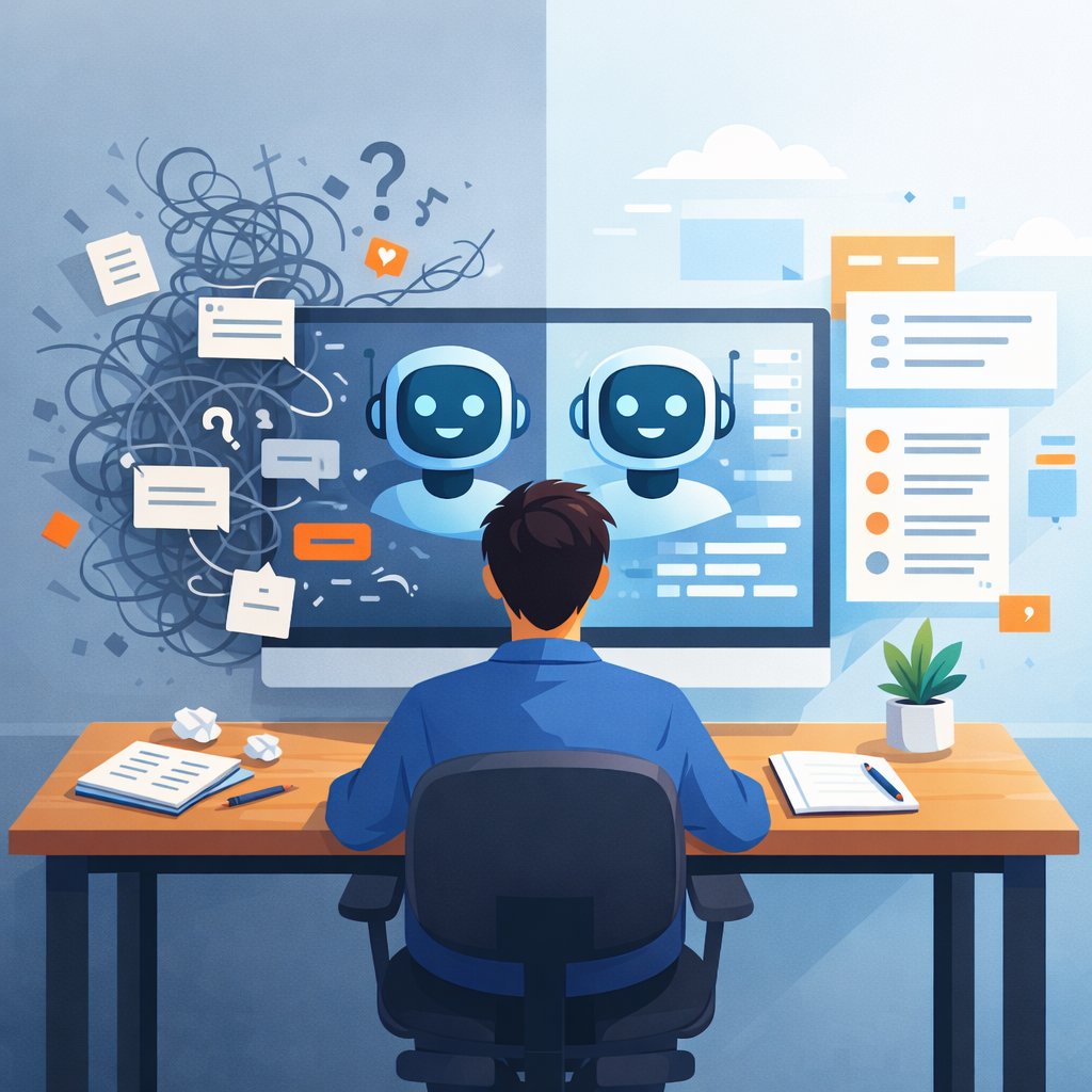 Ilustración de una persona usando inteligencia artificial, mostrando la diferencia entre prompts desordenados y prompts bien estructurados para obtener mejores resultados.